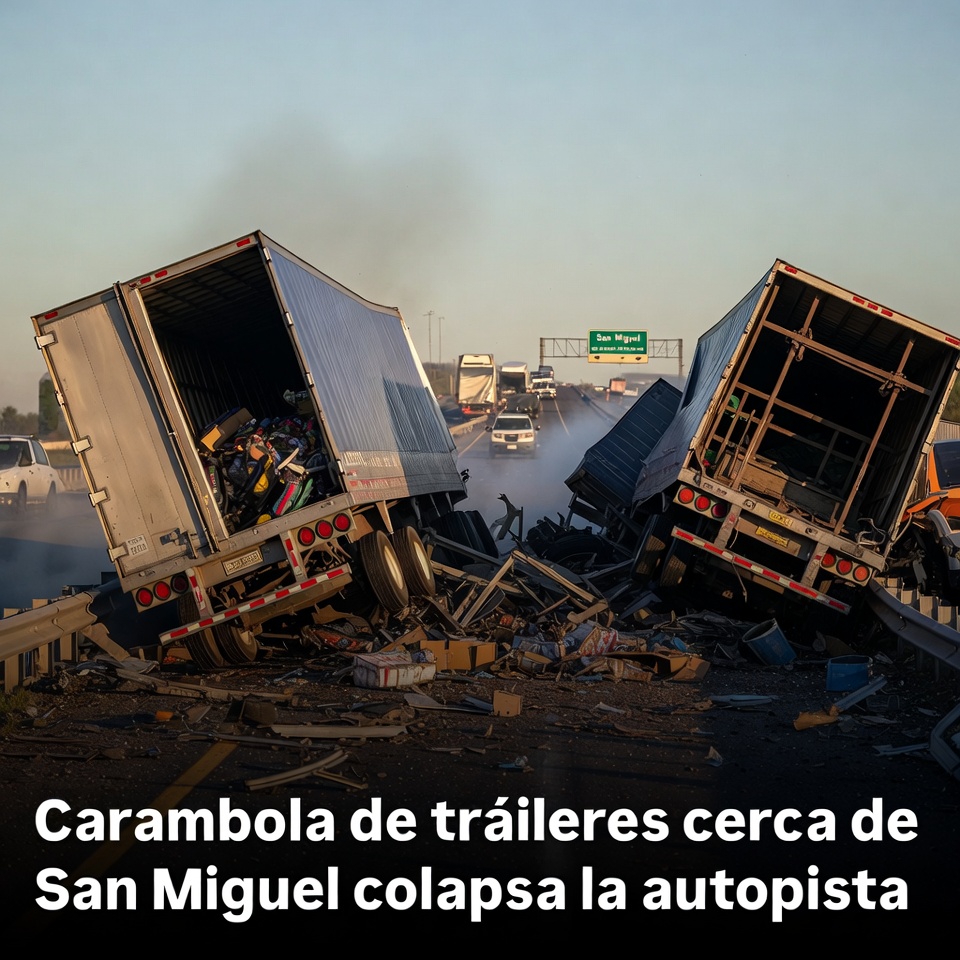 Carambola de tráileres cerca de San Miguel colapsa la autopista