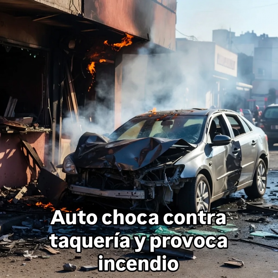 Auto choca contra taquería y provoca incendio