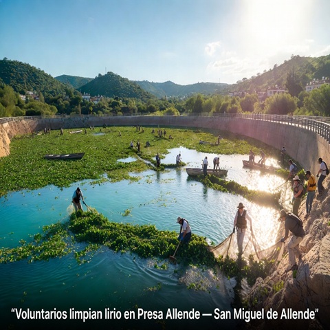 Voluntarios limpian lirio en Presa Allende